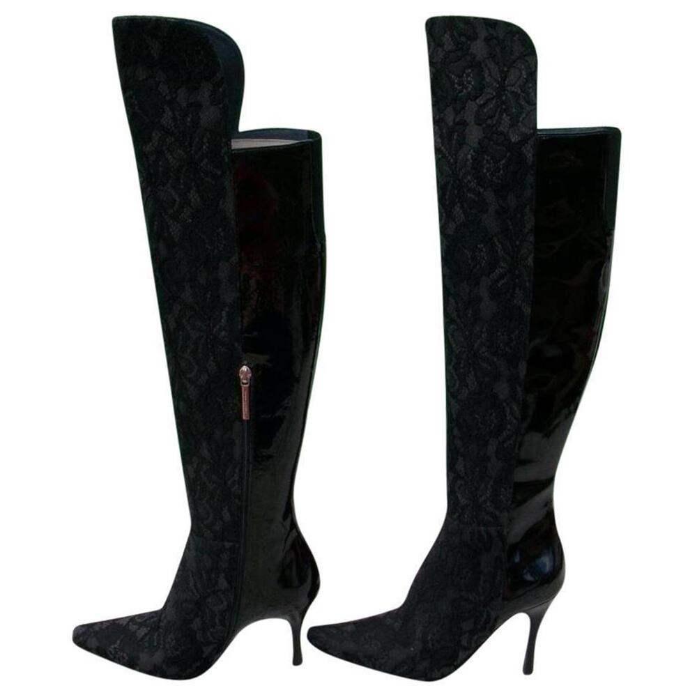 Donald Pliner Black Lace Patent Leather Boot Shoe New Over The Knee $695 NIB